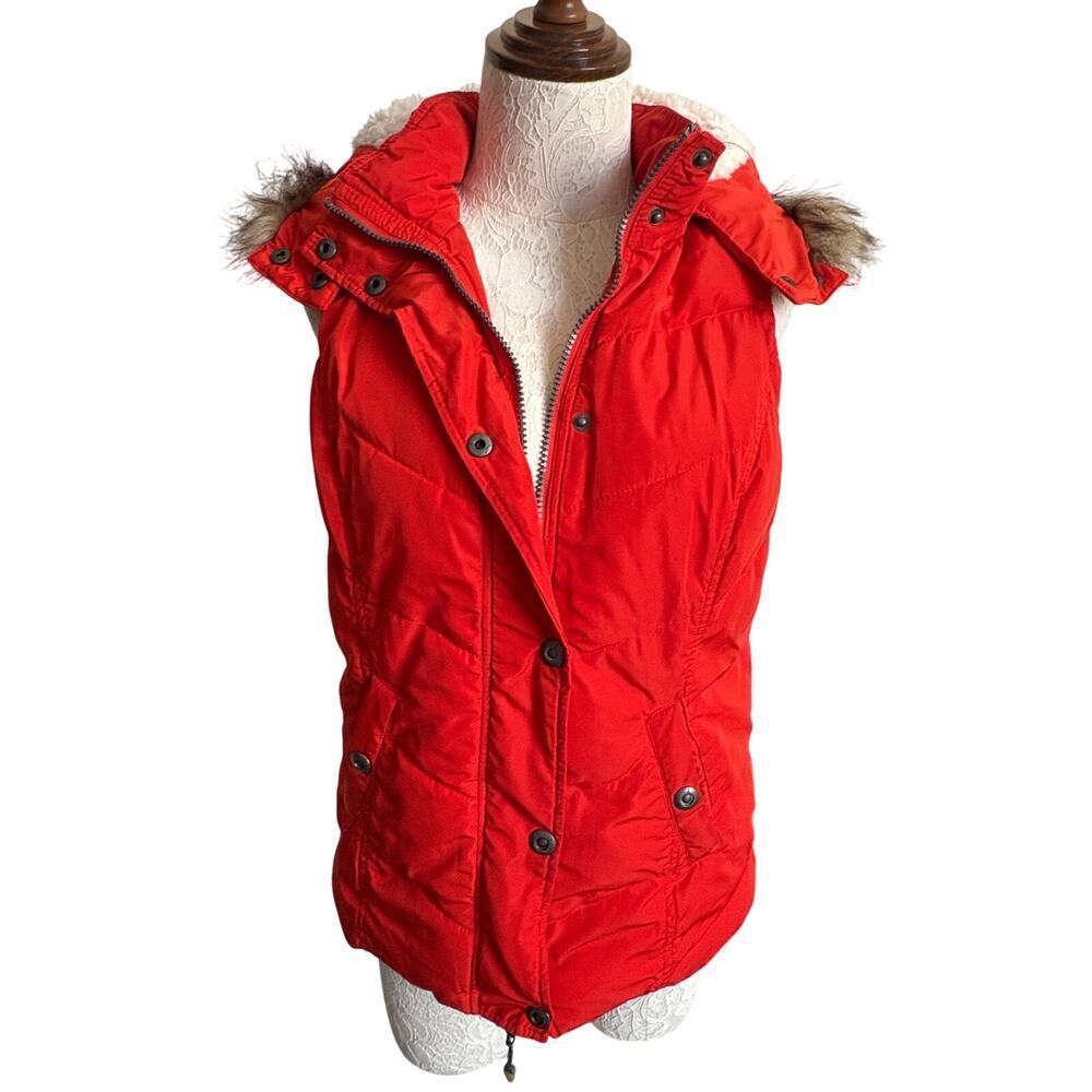 Faux Fur Lined Puffer Vest Hooded Zip Jacket Size M Green Tea Orangish-Red Y2K